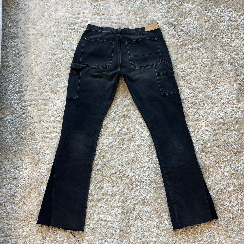 mnml B118 Mens Work Flare Denim Black Cargo Jeans Raw Hem Size 30